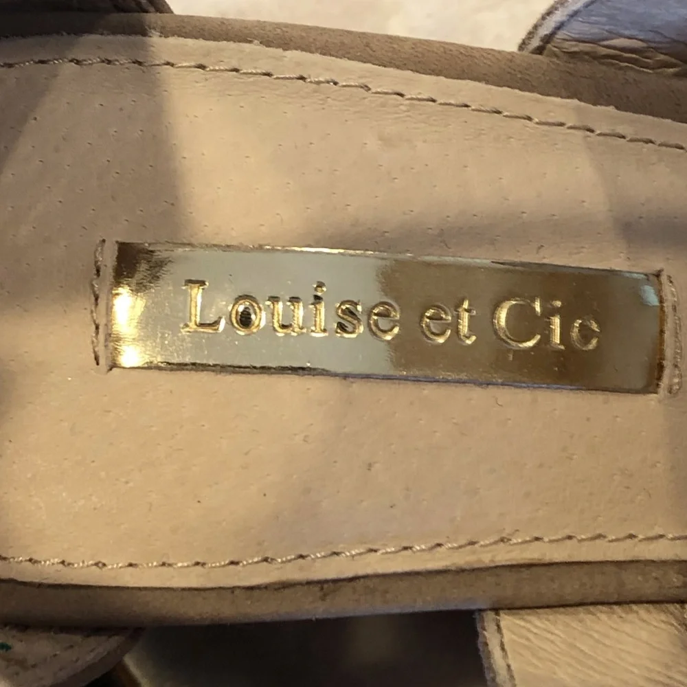 Louise et Cie Tan Wedge Peep Toe Heels with Wood and Gold Details, Size 8M/38